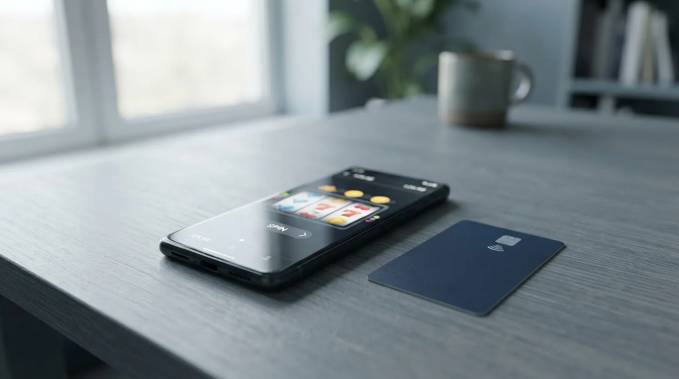 UK debit card beside smartphone showing casino interface on clean modern desk