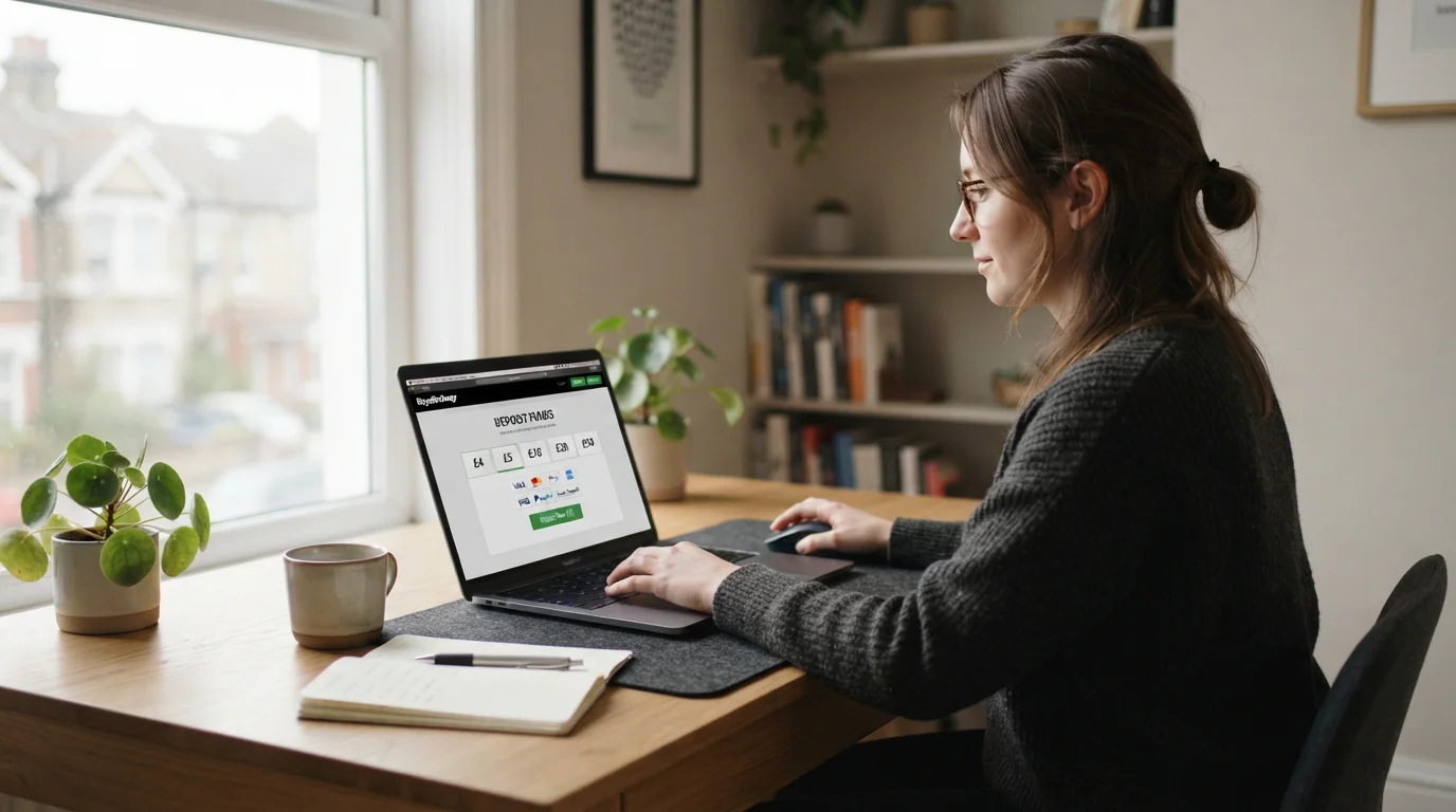 Person researching low-deposit casino options on laptop with £4-£5 amounts visible