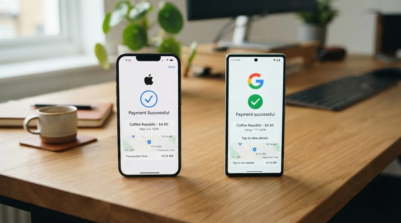 Two smartphones displaying Apple Pay and Google Pay interfaces side by side