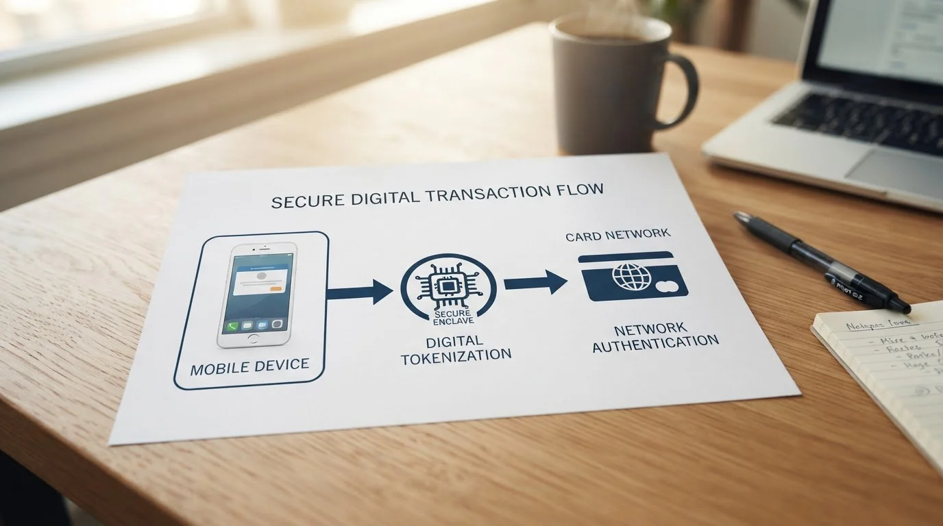 Diagram showing Apple Pay tokenisation flow from iPhone to casino to card network