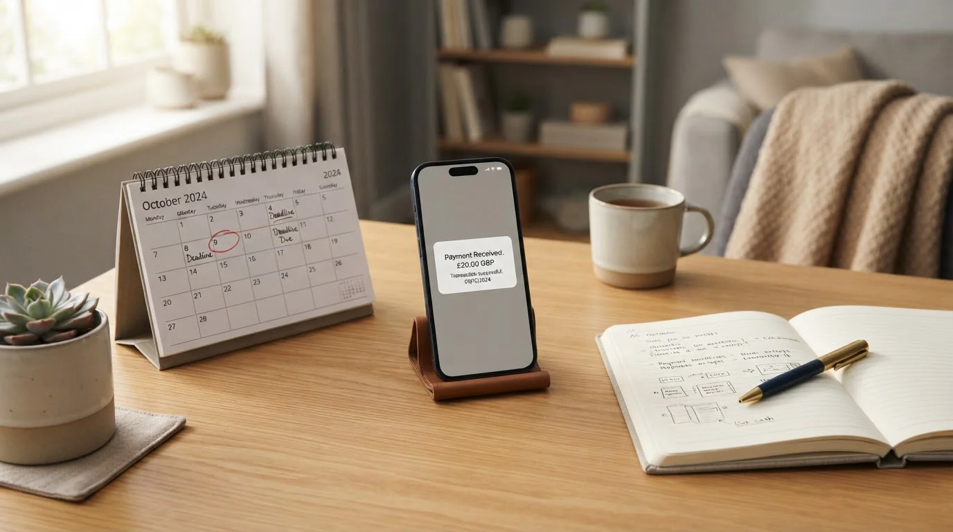 Tidy desk with smartphone displaying £20 fee notification and calendar marking October 9 deadline