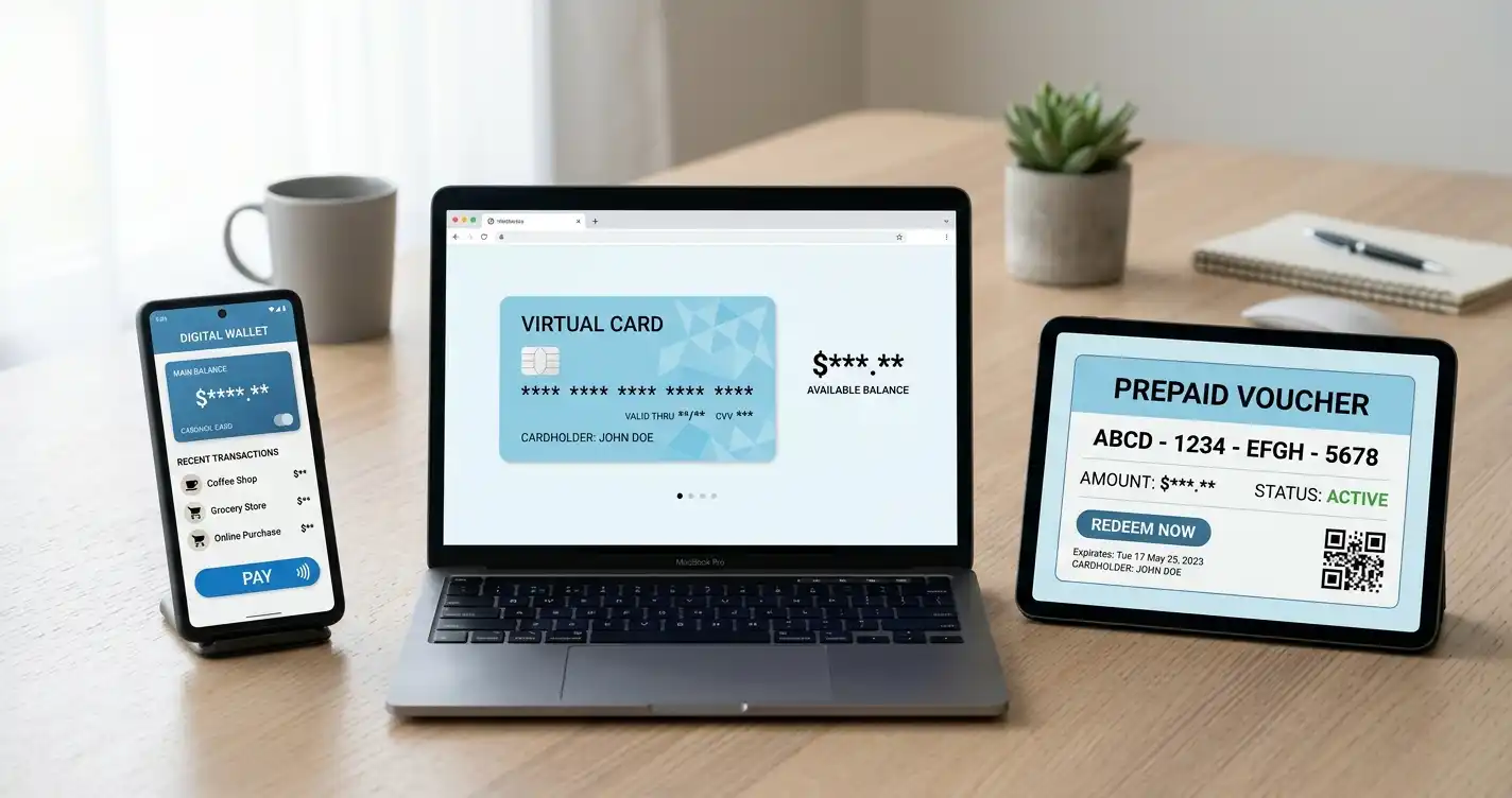 Three-panel comparison showing AstroPay wallet interface, virtual card, and prepaid voucher code on neutral devices