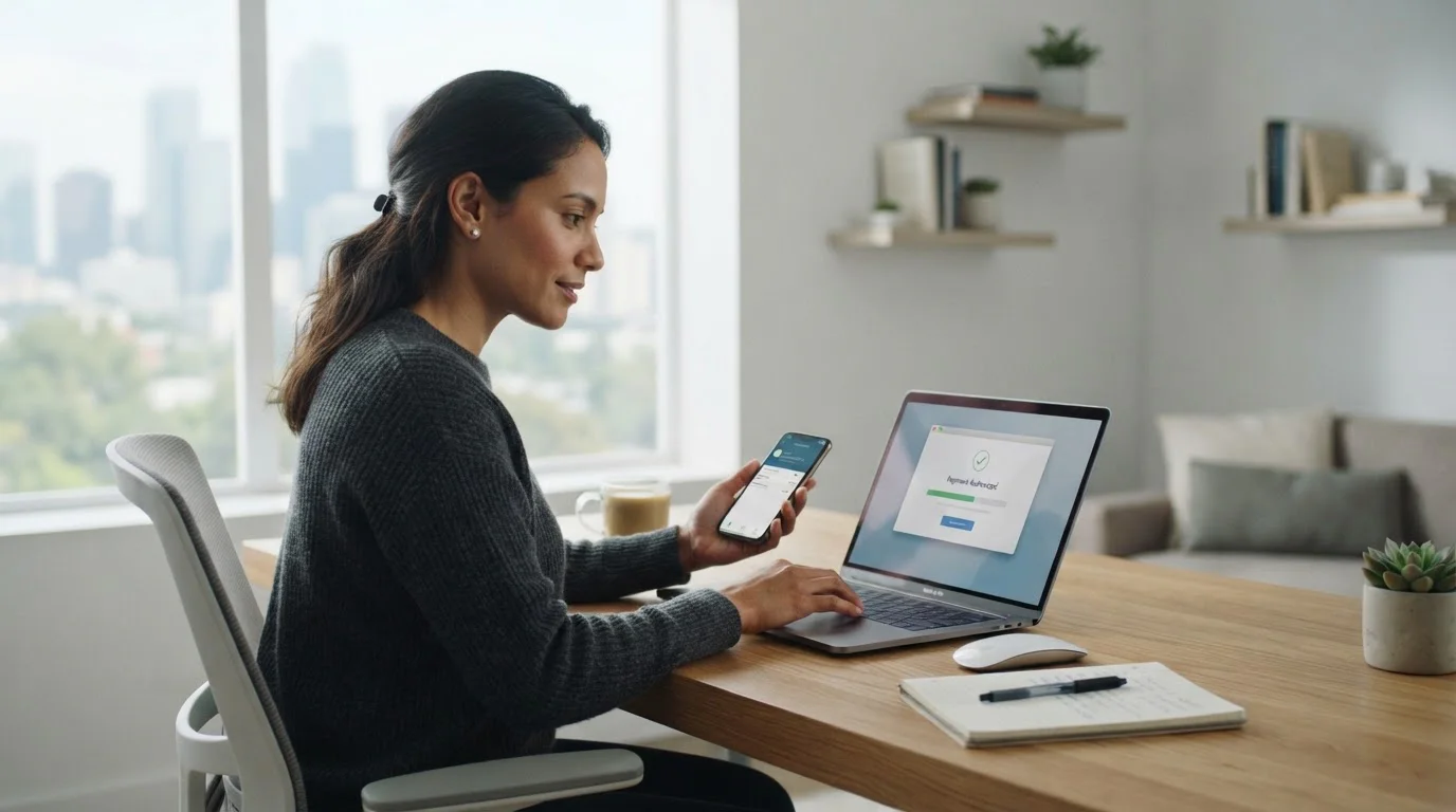 Person completing secure online bank transfer deposit on laptop