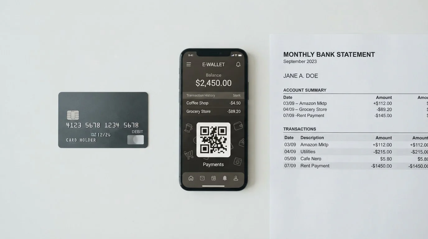 Flat lay showing debit card, smartphone with e-wallet interface, and printed bank statement side by side