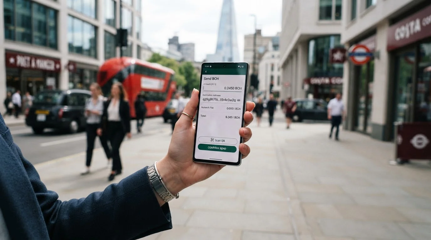 Mobile phone showing Bitcoin Cash wallet sending transaction to casino deposit address