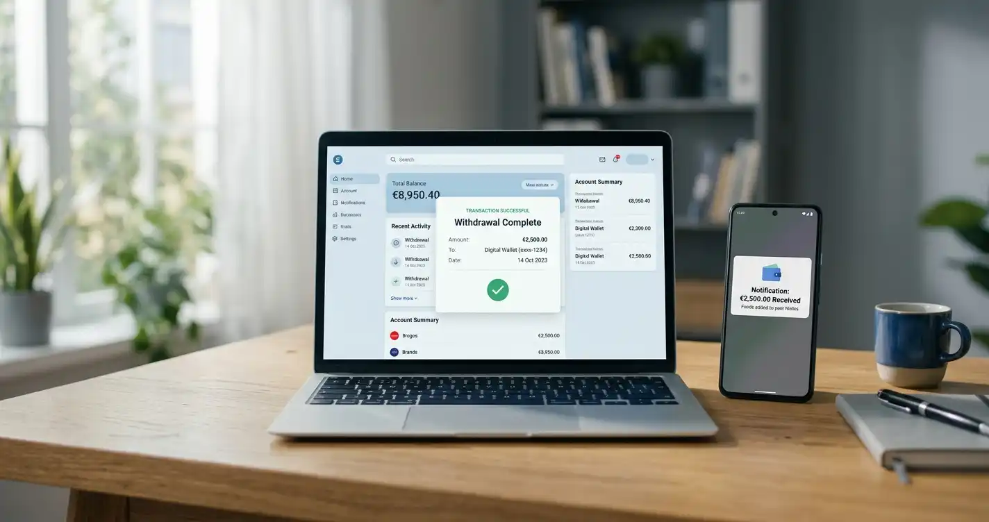 Modern laptop showing completed casino withdrawal transaction on banking interface