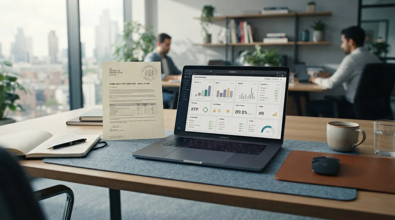Modern desk with UKGC licensing document and laptop showing casino comparison data