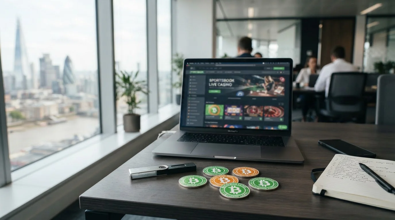 Bitcoin Cash cryptocurrency tokens on desk with laptop showing offshore casino interface
