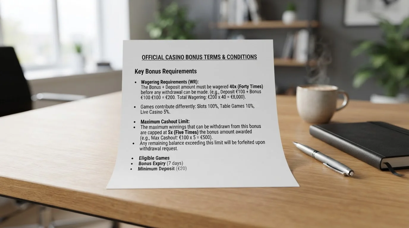 Casino bonus terms document showing wagering requirements and cashout limits