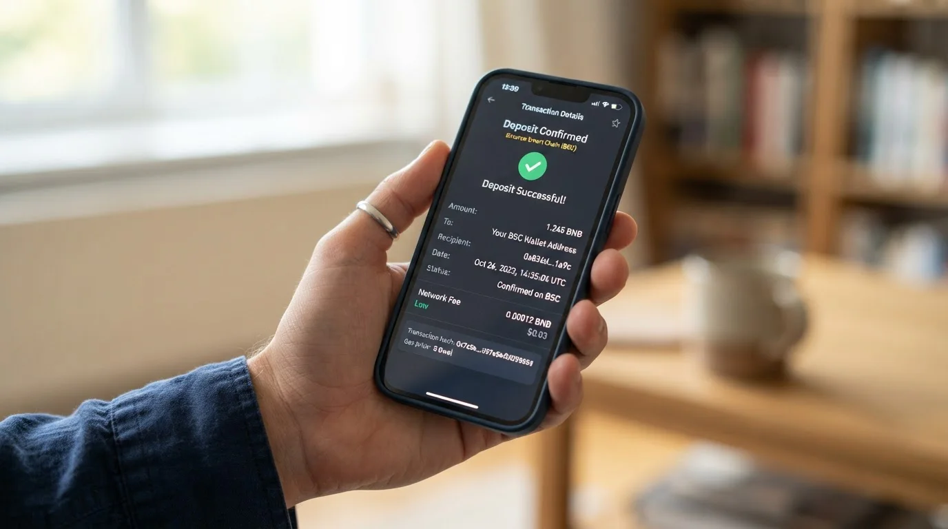 Smartphone displaying BNB deposit confirmation with low network fee on Binance Smart Chain