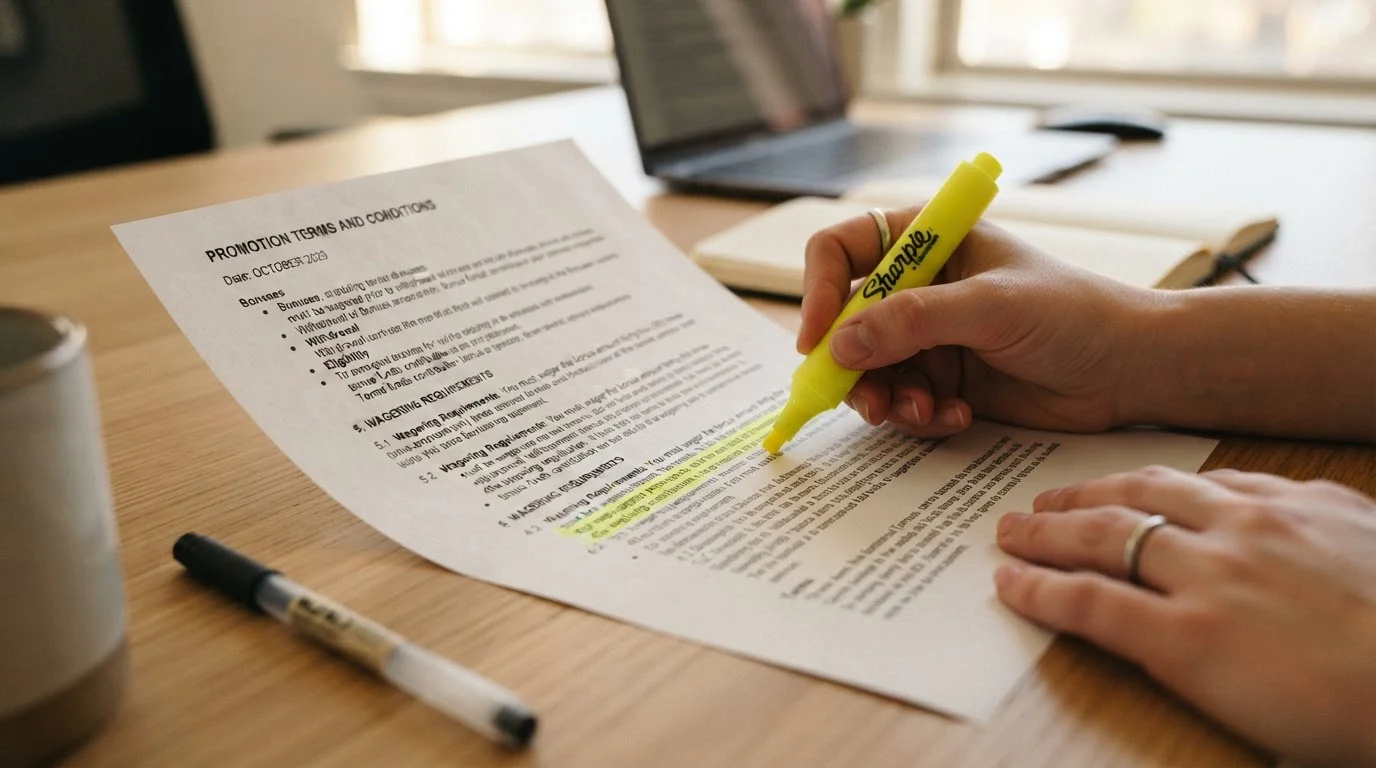 Person reviewing bonus terms document with wagering breakdown visible