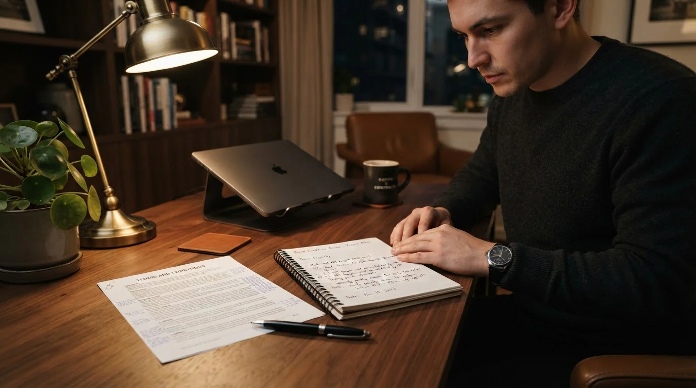 Printed bonus terms document with handwritten notes on desk