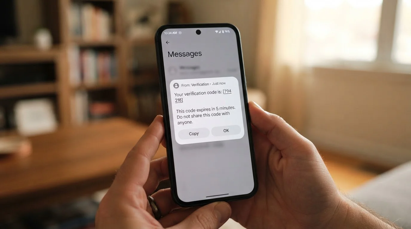 Mobile phone showing SMS confirmation code for casino deposit