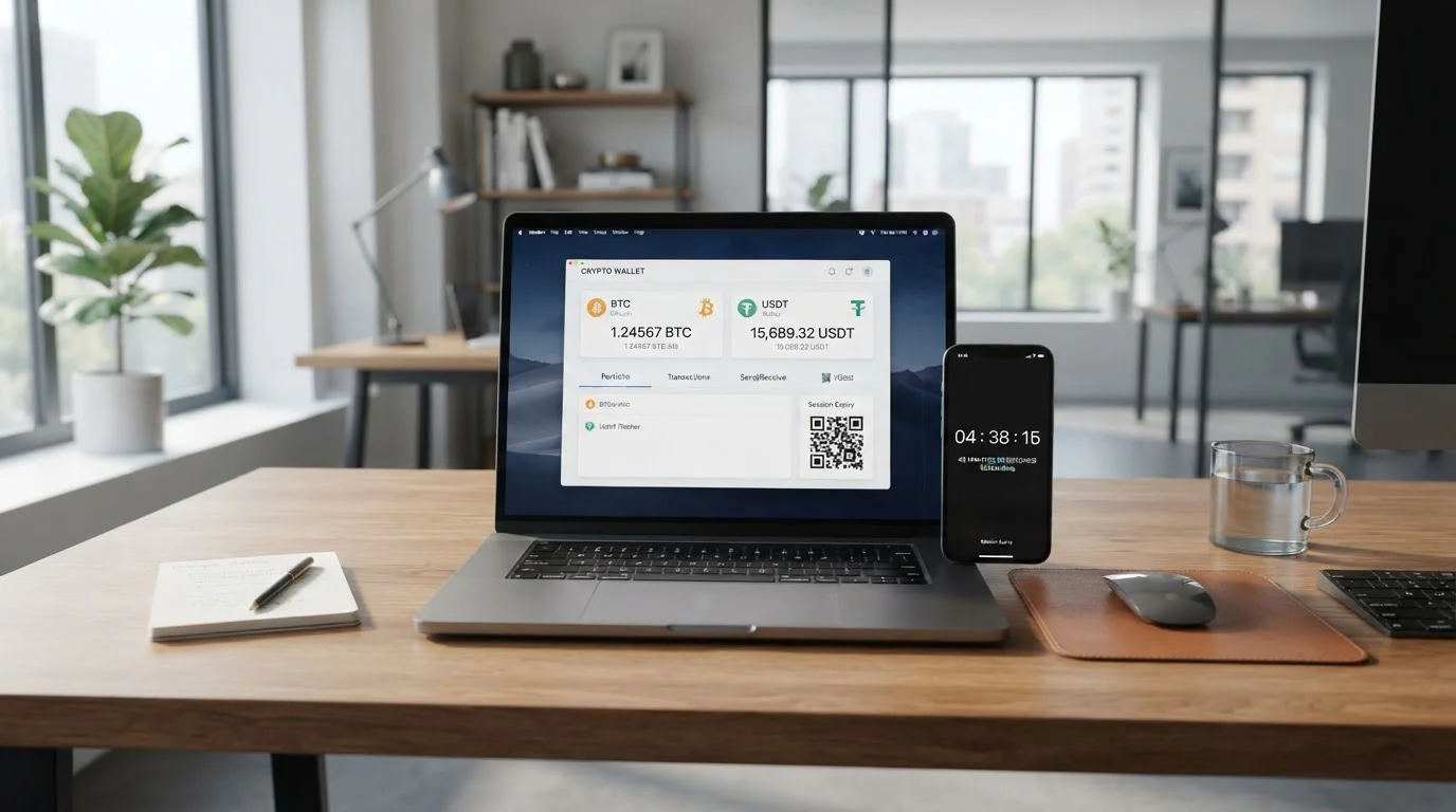 Laptop displaying crypto wallet with Bitcoin and USDT withdrawal under 60 minutes on modern desk