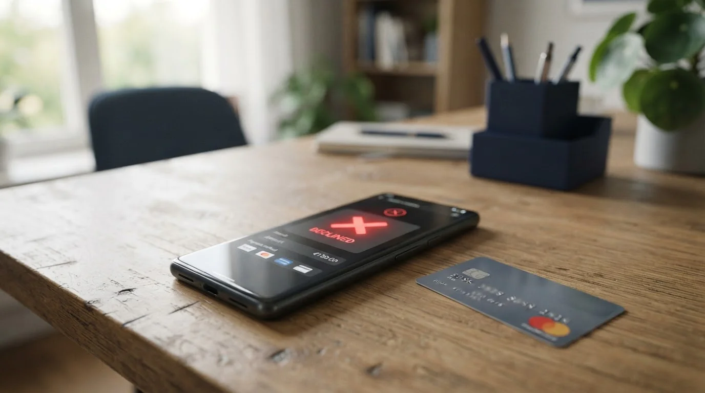 UK credit card with declined transaction notification at online casino cashier