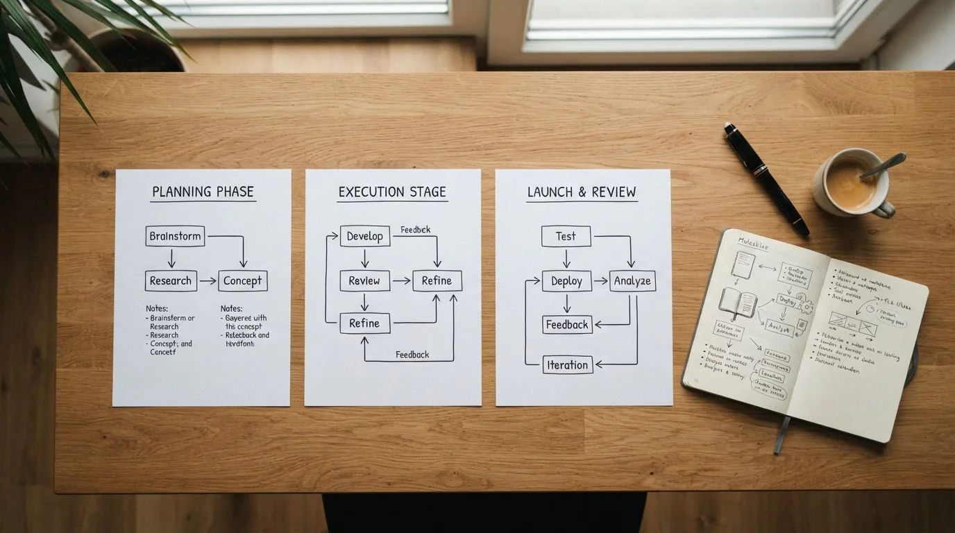 Three workflow documents laid out on desk showing process stages with connecting arrows