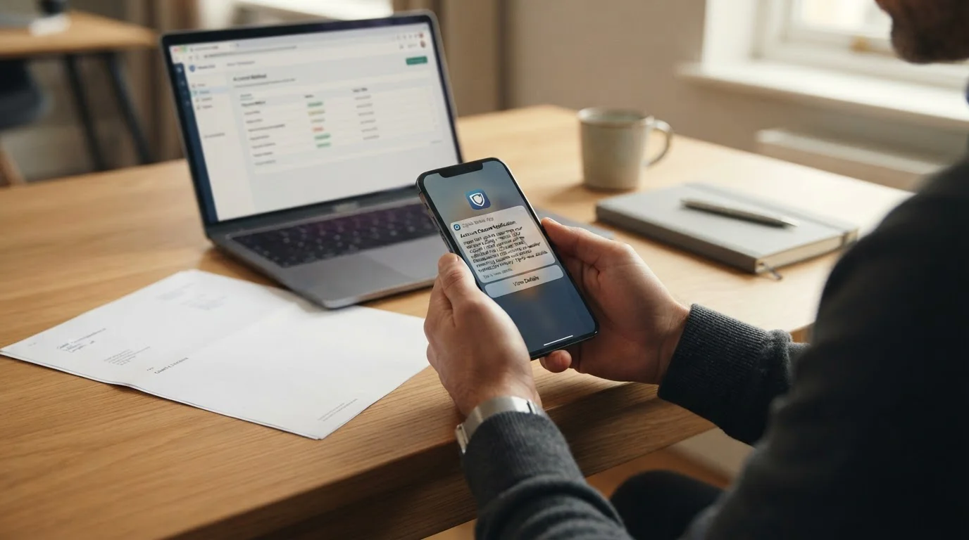 Person reviewing digital wallet closure notice on smartphone with UK banking documents on desk