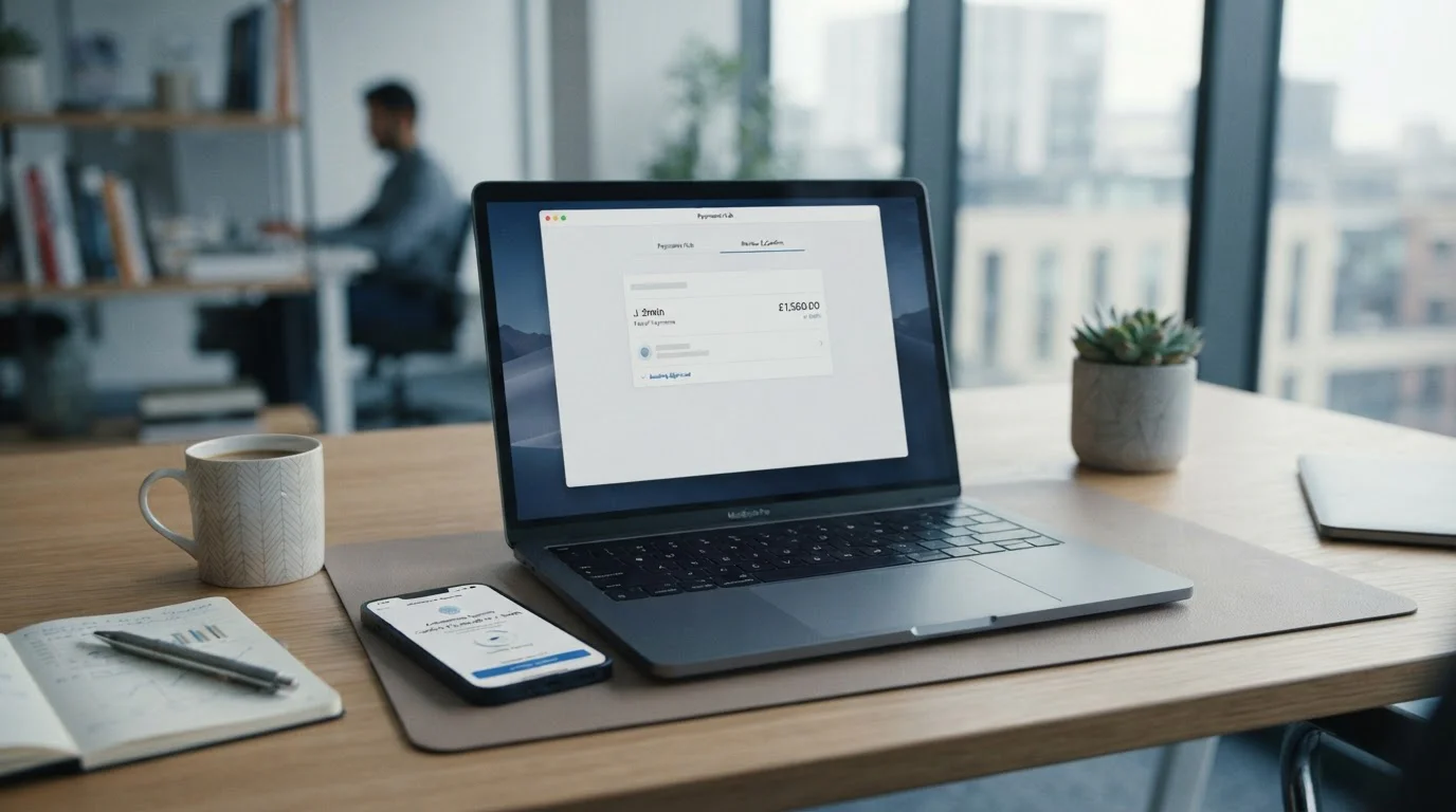 Modern UK banking interface showing instant bank transfer authentication on laptop and smartphone