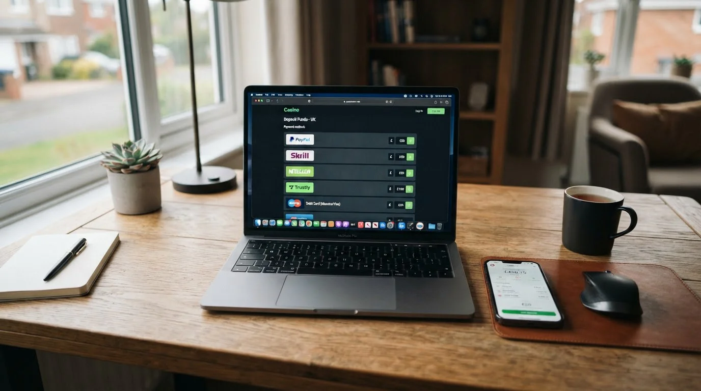 Modern e-wallet payment options displayed on laptop screen with UK casino interface