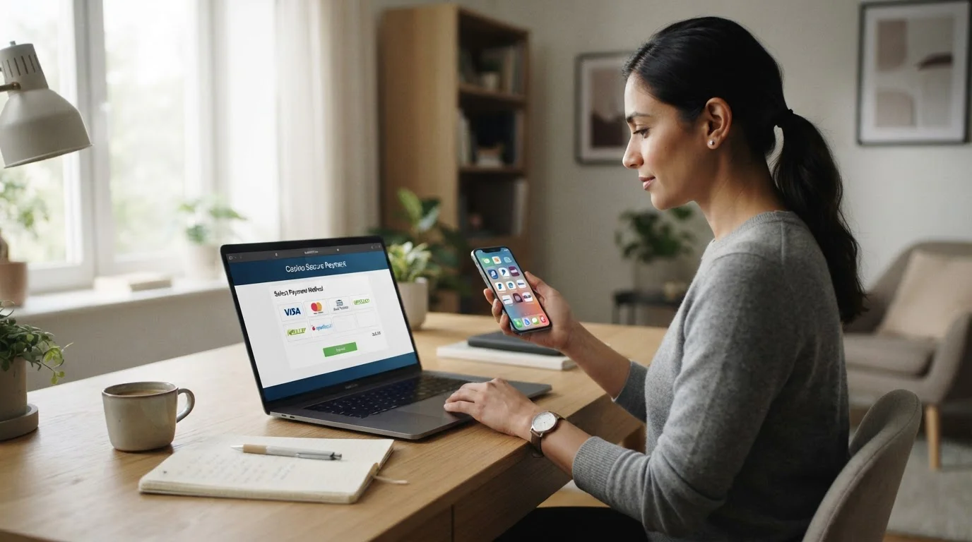 Person at laptop reviewing UK casino payment methods with e-wallet app on smartphone