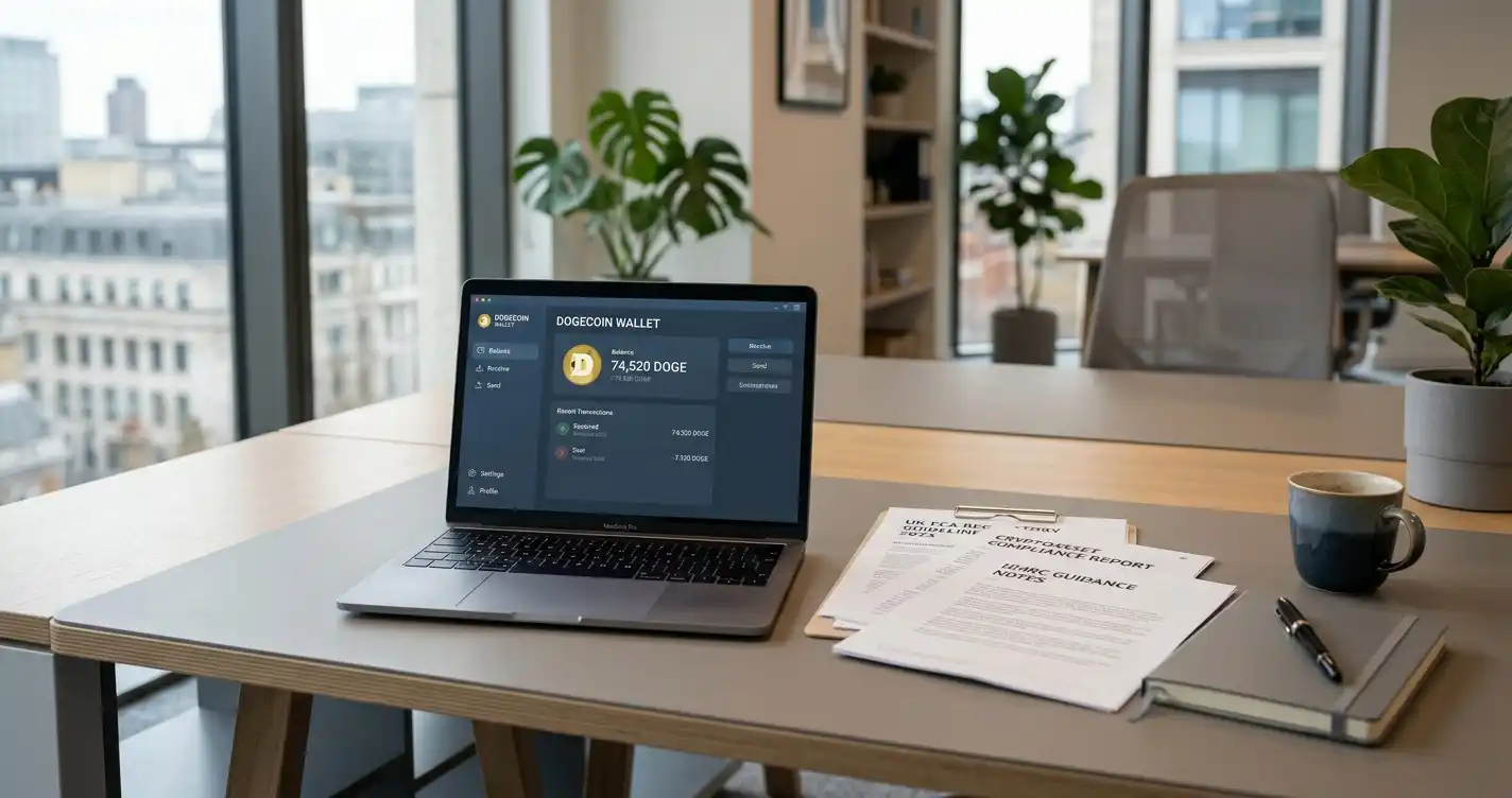 Realistic office desk scene with laptop displaying cryptocurrency wallet interface and Dogecoin symbol, UK regulatory documents visible, neutral professional lighting