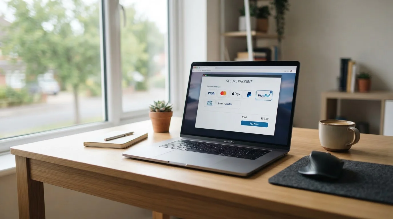 Modern laptop showing UK casino payment interface with PayPal option highlighted