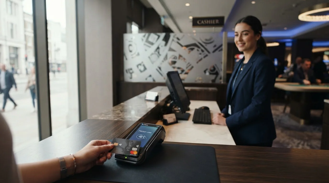 UKGC-licensed casino cashier with Visa debit card payment terminal