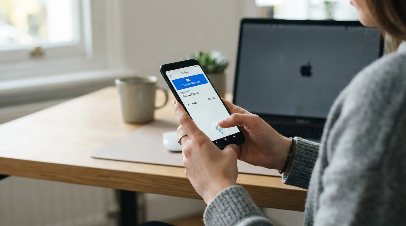 UK online casino player using Google Pay on smartphone for deposit
