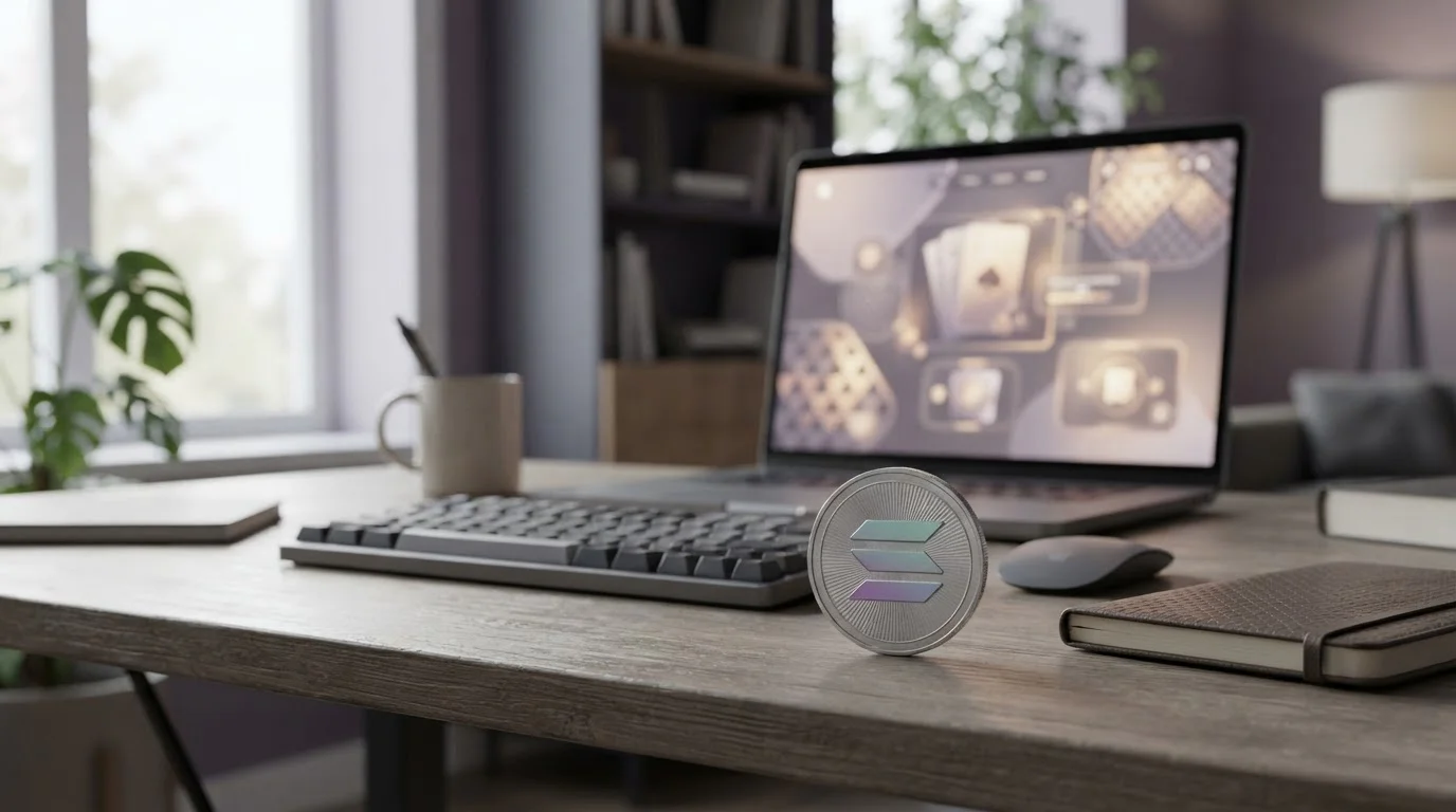 Solana cryptocurrency coin with laptop showing offshore casino interface