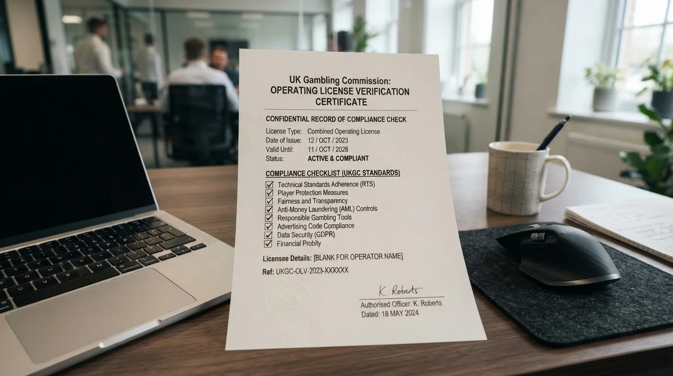 UKGC license verification document with casino operator comparison