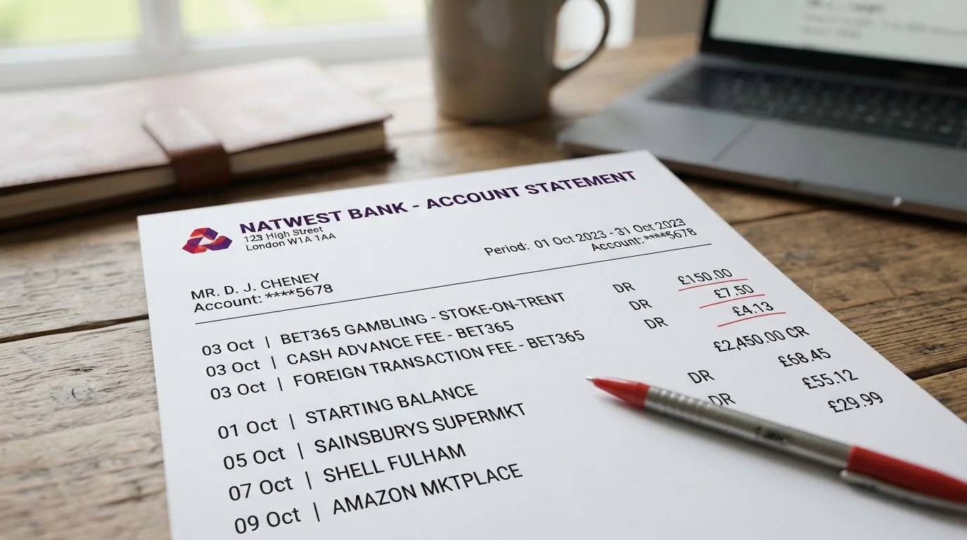Bank statement showing gambling transaction with cash advance and foreign transaction fees