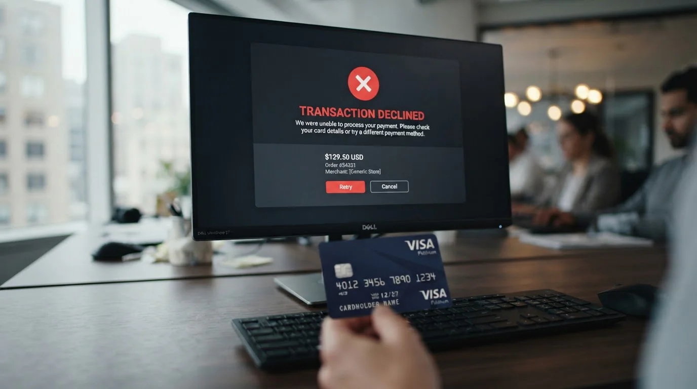 Computer screen showing transaction declined error message with gambling MCC code