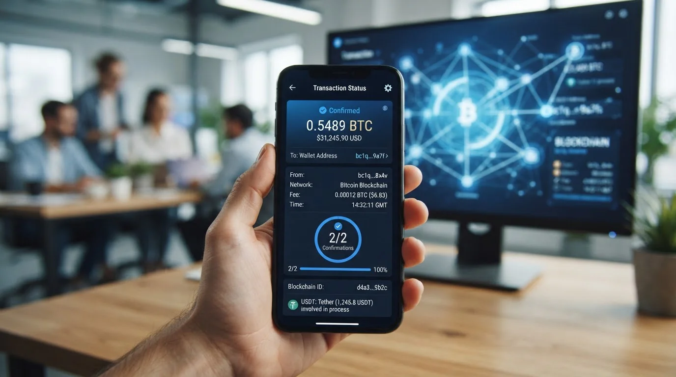Smartphone displaying blockchain transaction confirmation with Bitcoin and USDT symbols