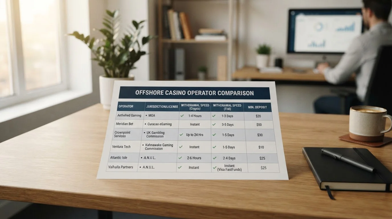 Comparison table of offshore crypto casino operators showing licenses and withdrawal speeds
