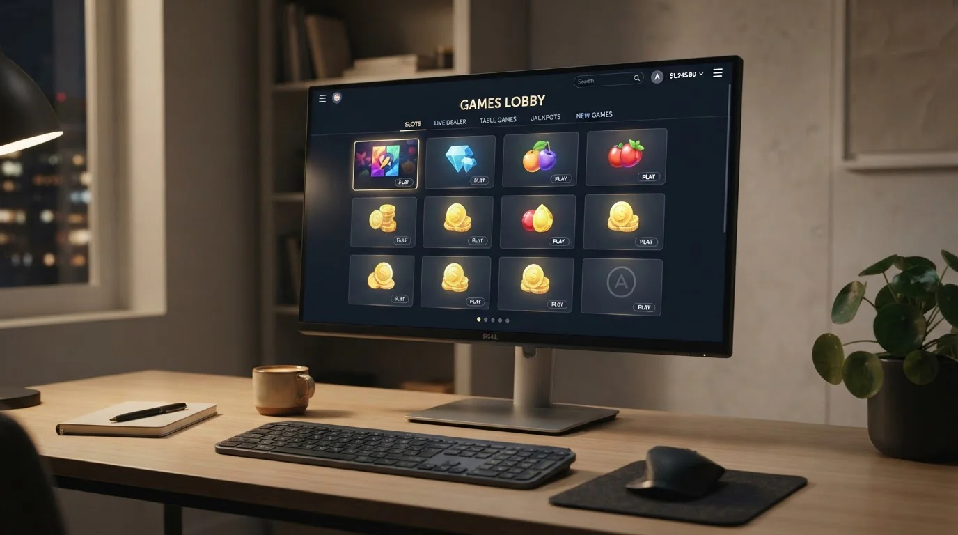 Modern casino game selection interface on desktop showing slots, live dealer, and table games categories, clean UI design, no specific game titles visible