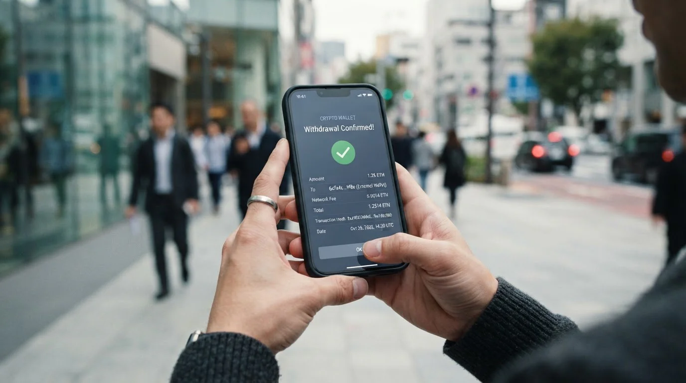 Person reviewing blockchain transaction on smartphone showing crypto withdrawal confirmation