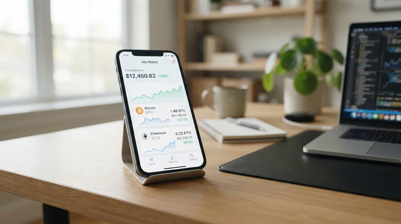 Smartphone displaying cryptocurrency wallet with Bitcoin and Ethereum symbols on modern desk