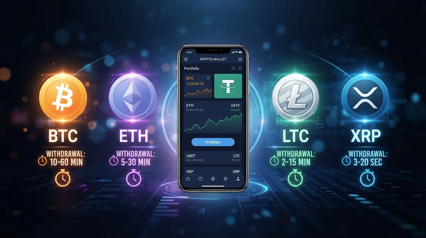 Five cryptocurrency symbols arranged in semi-circle with withdrawal time indicators