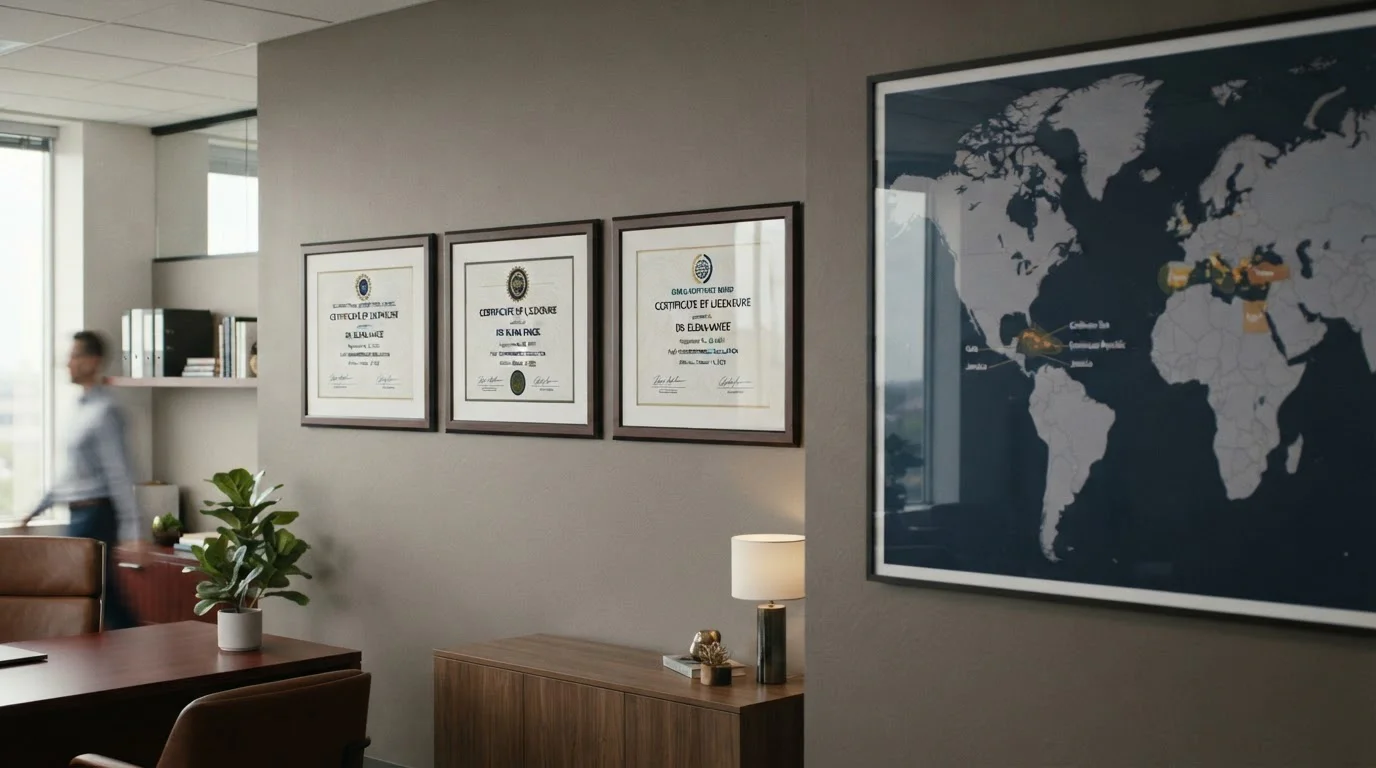 Three license certificates on office wall with world map showing Caribbean and Mediterranean