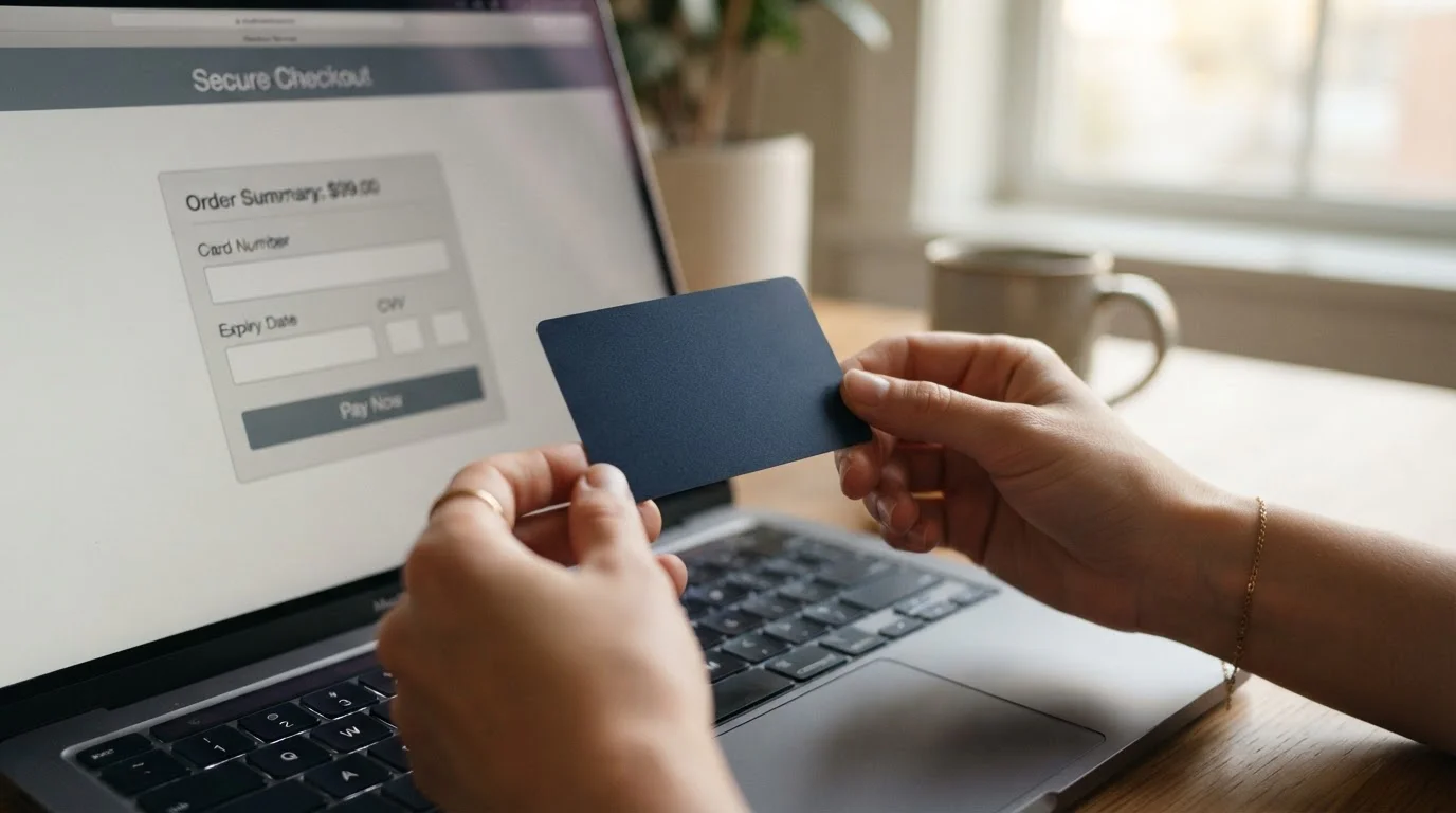 Person holding debit card above laptop showing casino payment form