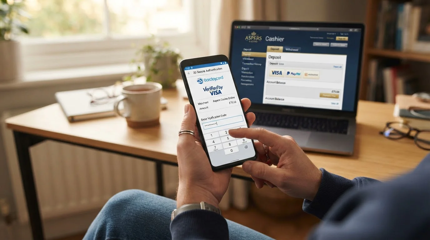 Person using smartphone to complete 3D Secure authentication for casino debit card deposit