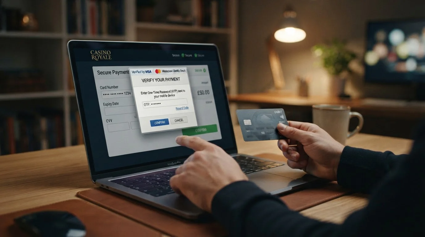 Close-up of person entering debit card details into casino cashier interface