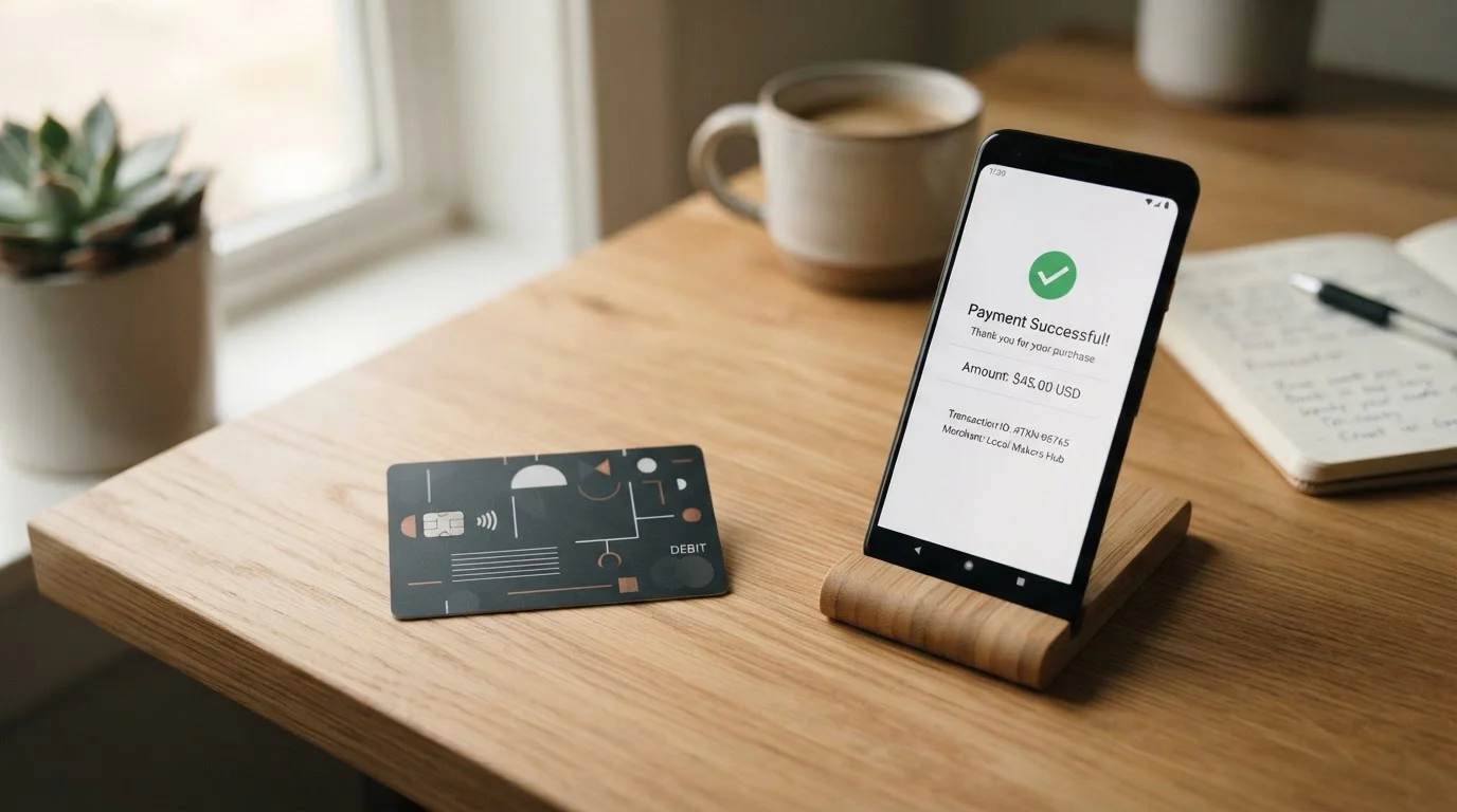Generic debit card beside smartphone showing payment confirmation screen on desk
