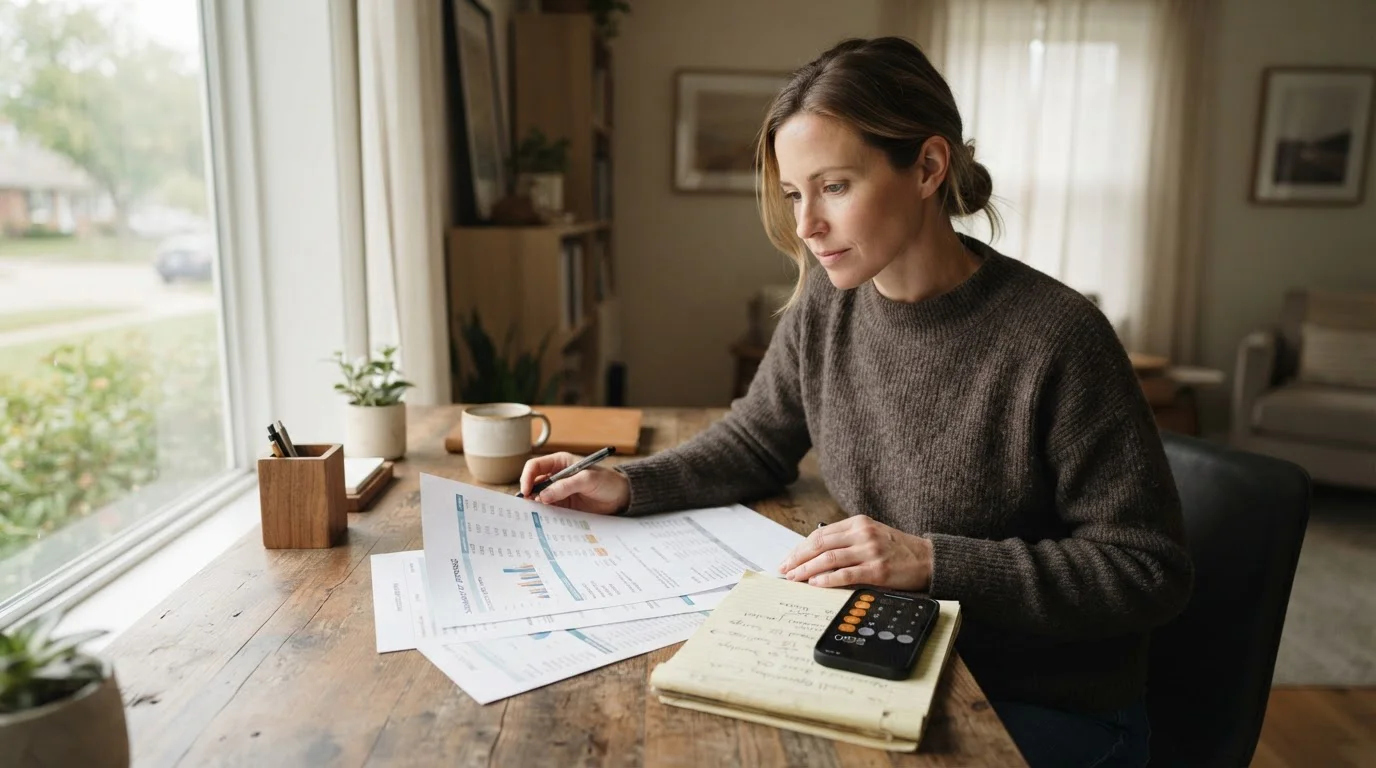 Person at desk reviewing financial document with notepad showing handwritten notes