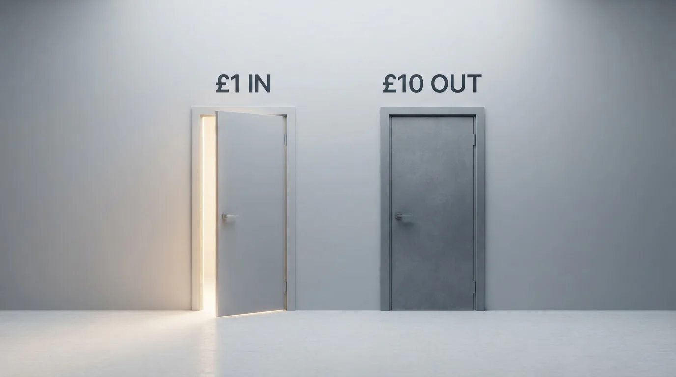 Visual representation of deposit-withdrawal asymmetry showing £1 entry vs £10 exit barrier