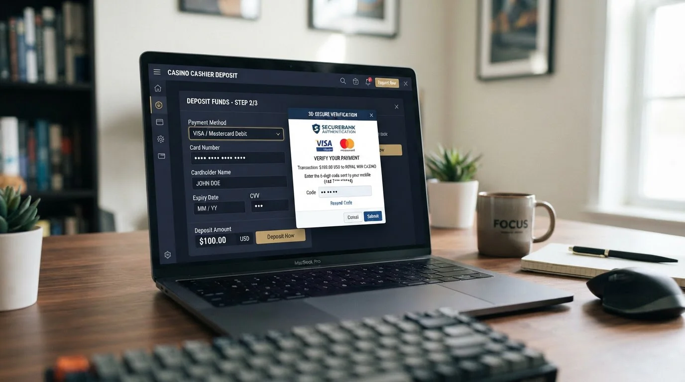 Laptop showing casino deposit form with payment method selection and 3D Secure authentication