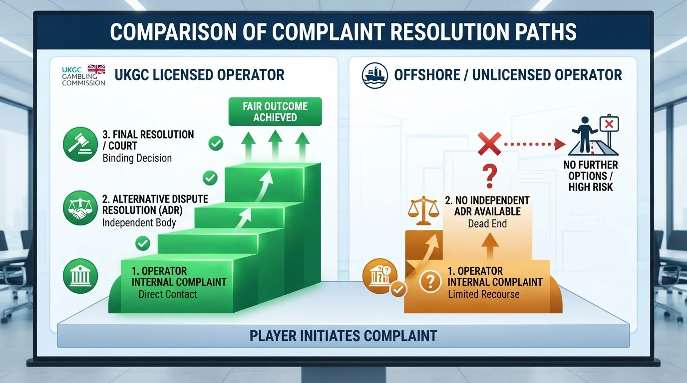 Side-by-side comparison of UKGC dispute resolution path versus limited offshore options
