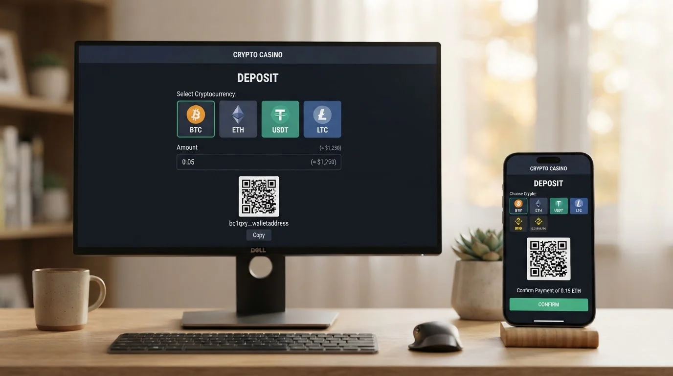 Multiple casino platform interfaces displayed on desktop and mobile screens showing cryptocurrency payment options, clean modern workspace, no specific casino branding