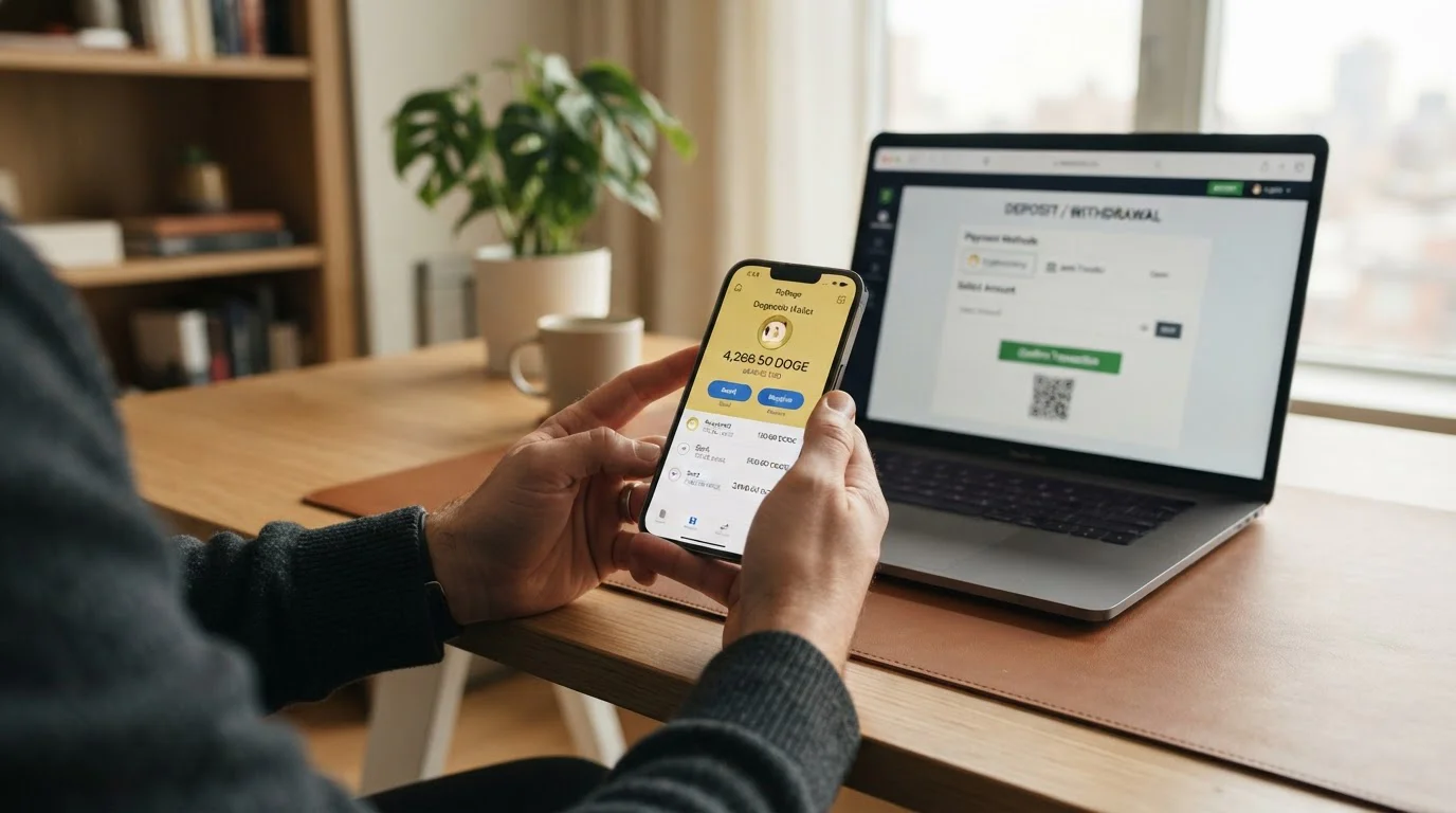 Person at desk with smartphone displaying Dogecoin wallet app and laptop showing generic casino cashier interface, soft natural lighting, no visible branding