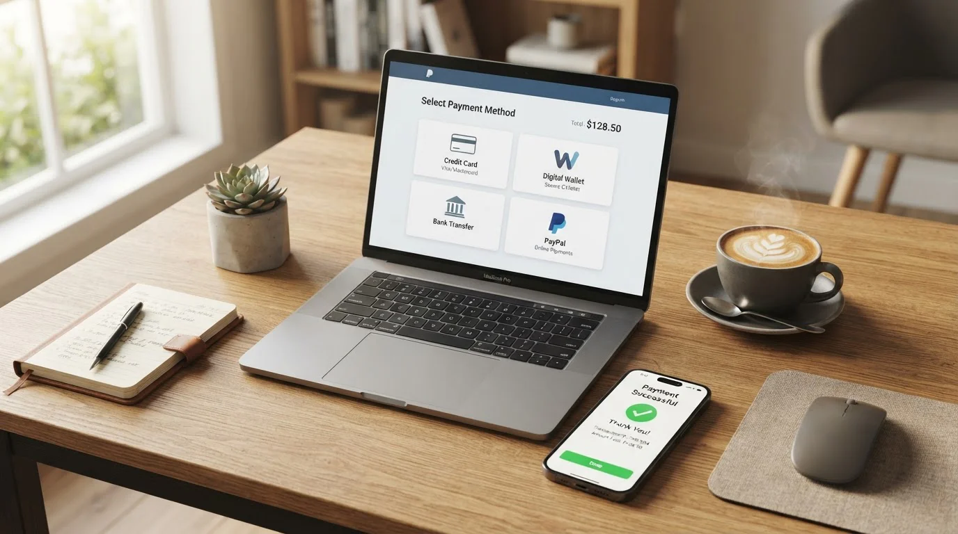 Laptop with payment methods selection screen and smartphone showing confirmation